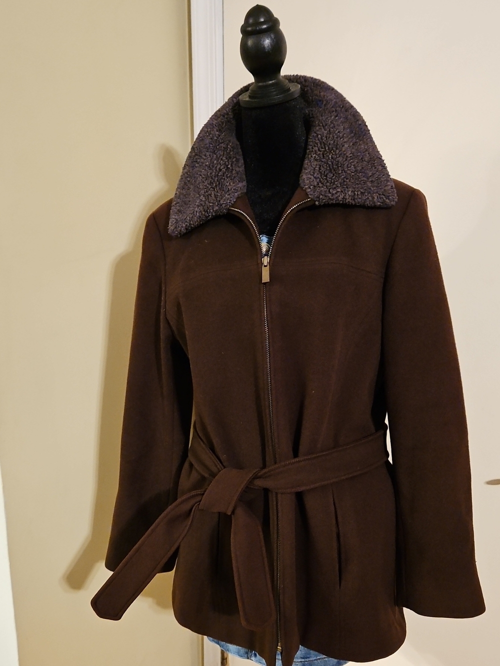 NY&CO 100% Wool Belted Wrap Coat with Grey Sherpa Collar Brown S